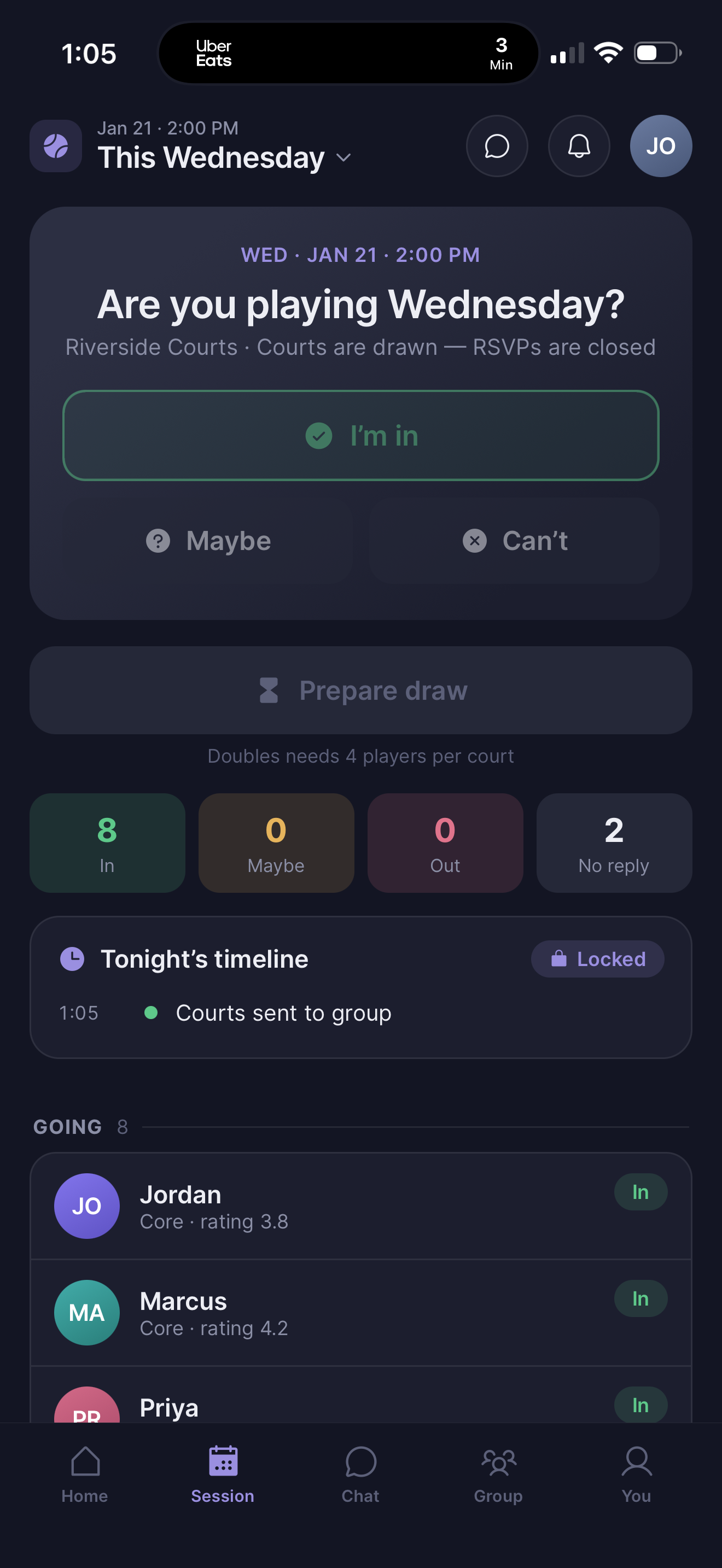 CourtDraws session — 'Are you playing Wednesday?' with I'm in, Maybe, Can't and the going list