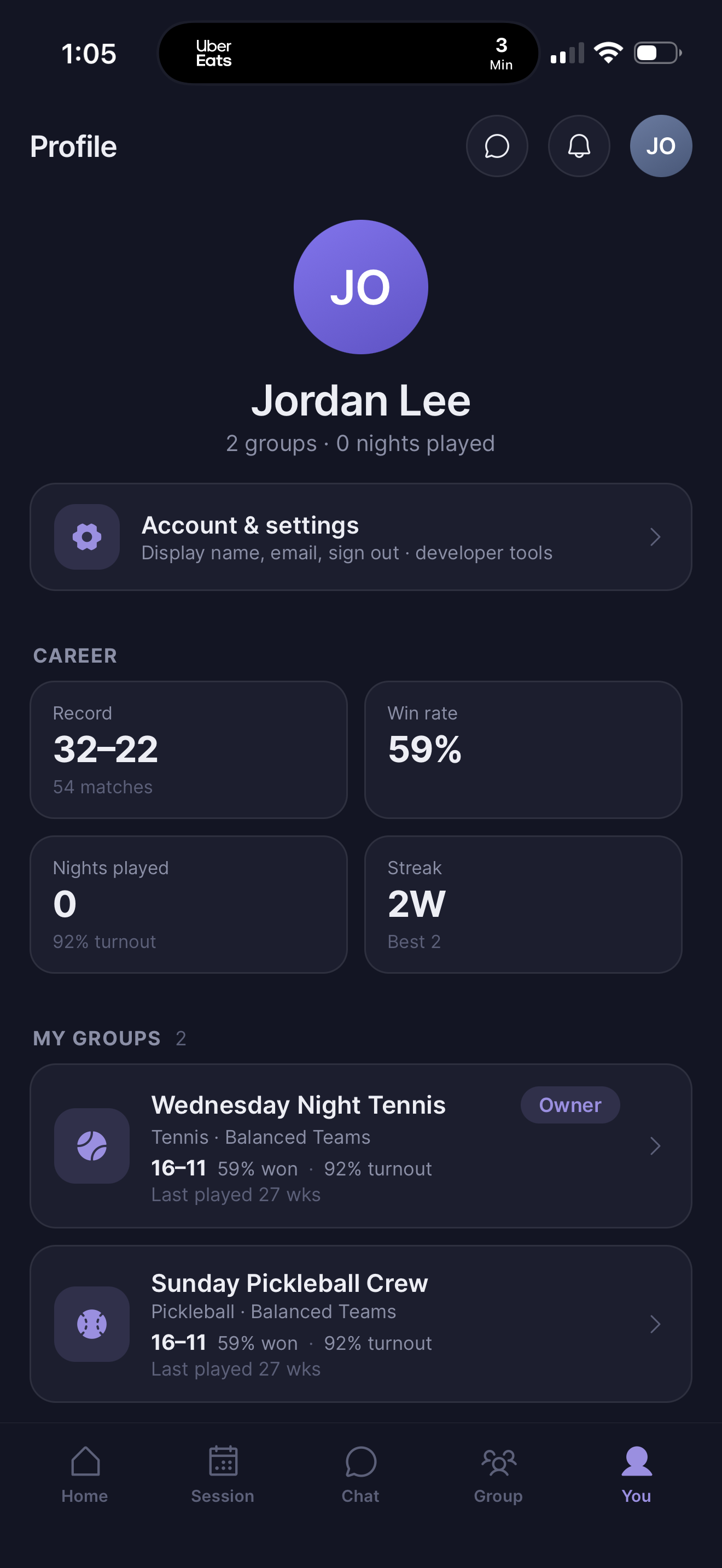 CourtDraws player profile — career record, win rate, streak and turnout
