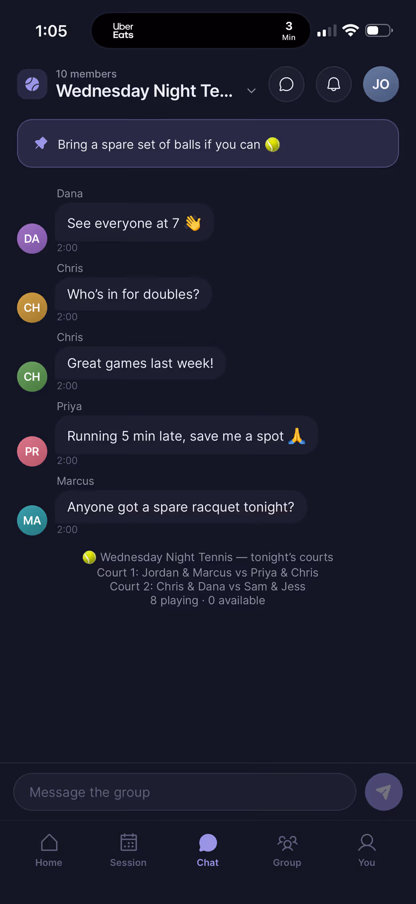 CourtDraws group chat with tonight's courts auto-posted as a message