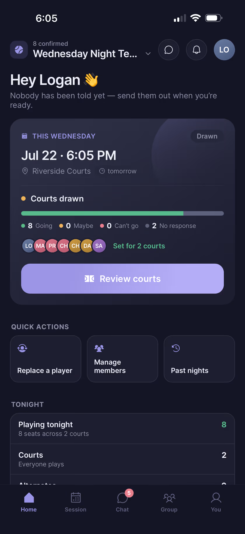 CourtDraws home — tonight's session wrapped up and ready to review