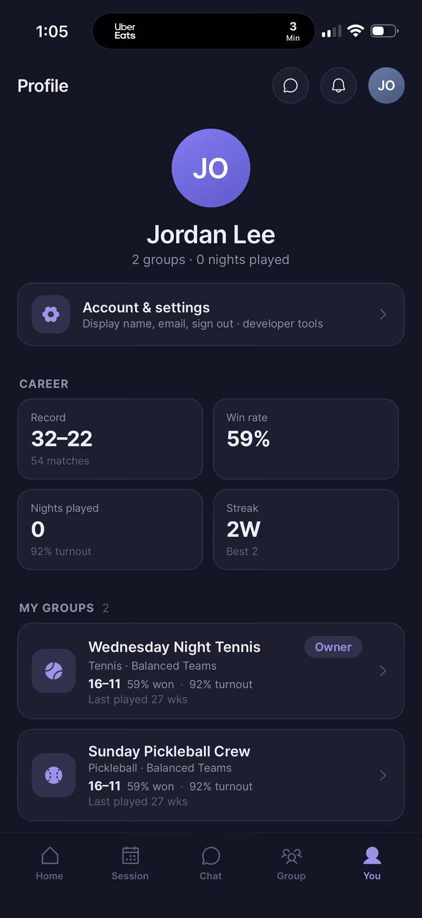 CourtDraws player profile — career record, win rate, streak and turnout