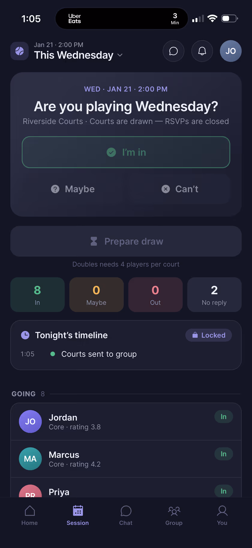 CourtDraws session — 'Are you playing Wednesday?' with I'm in, Maybe, Can't and the going list