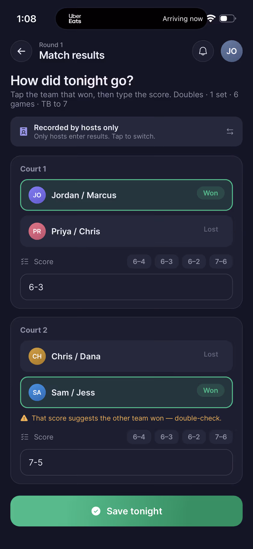 CourtDraws match results — tap the winning team and enter the score, court by court